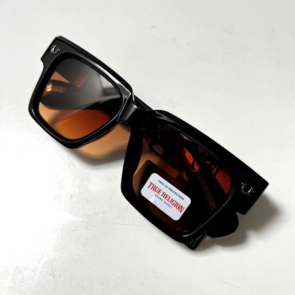 True Religion Square Sunglasses Amber Lens UV Protection NWT Acetate Black Wide - Picture 6 of 6